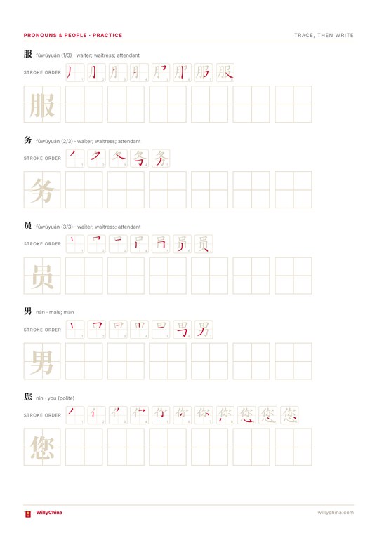 Tracing practice page with 田字格 grids for HSK 2 characters