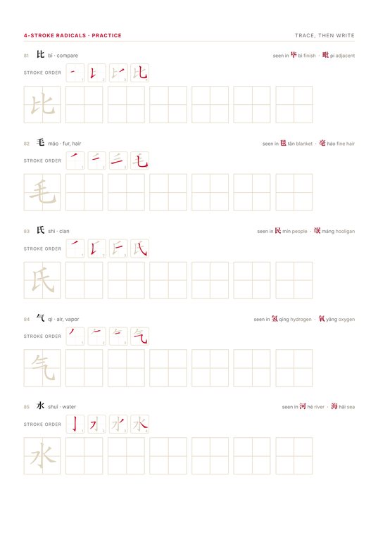 Workbook practice page showing stroke order and 田字格 tracing grids for the radicals 比, 毛, 氏, 气 and 水